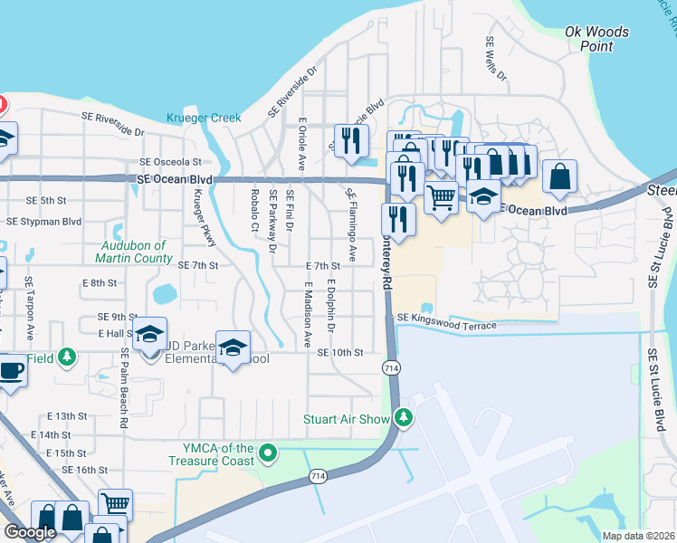 map of restaurants, bars, coffee shops, grocery stores, and more near 700 Southeast Flamingo Avenue in Stuart
