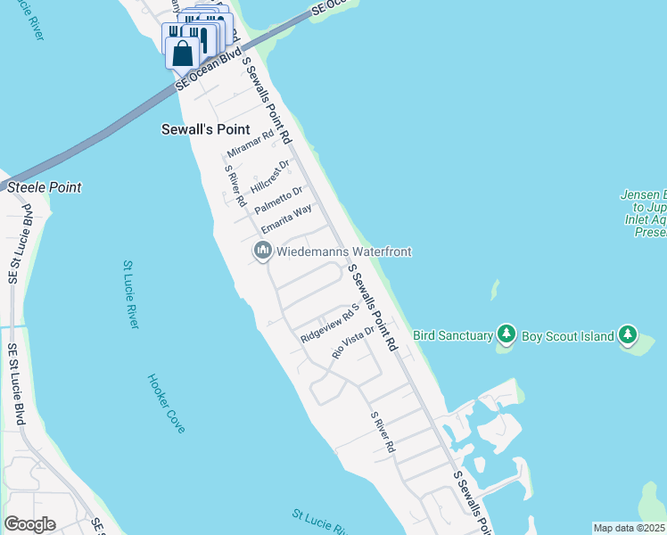 map of restaurants, bars, coffee shops, grocery stores, and more near 3 Via Lucindia Drive North in Stuart