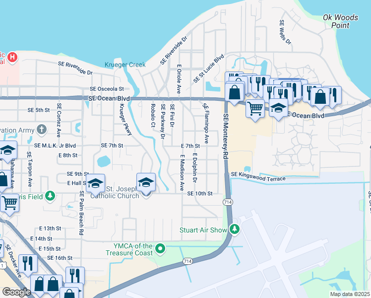 map of restaurants, bars, coffee shops, grocery stores, and more near 701 East Madison Avenue in Stuart