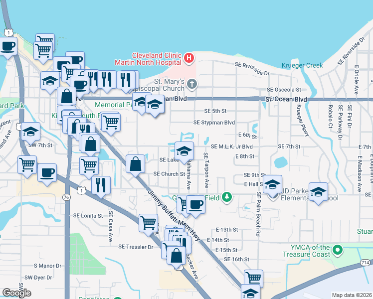 map of restaurants, bars, coffee shops, grocery stores, and more near 709 Southeast Bahama Avenue in Stuart