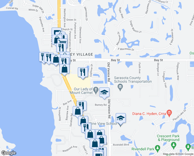 map of restaurants, bars, coffee shops, grocery stores, and more near 4241 Frontier Lane in Osprey