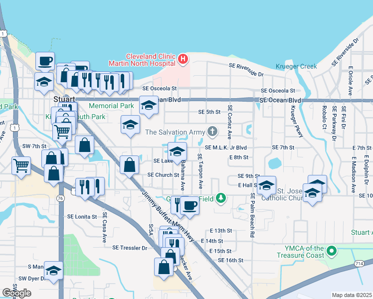 map of restaurants, bars, coffee shops, grocery stores, and more near 709 Southeast Bahama Avenue in Stuart