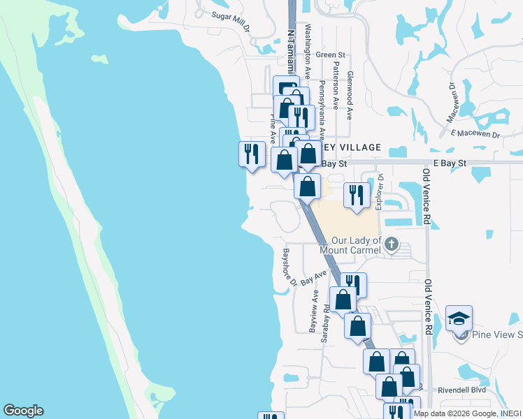 map of restaurants, bars, coffee shops, grocery stores, and more near 242 Hidden Bay Drive in Osprey