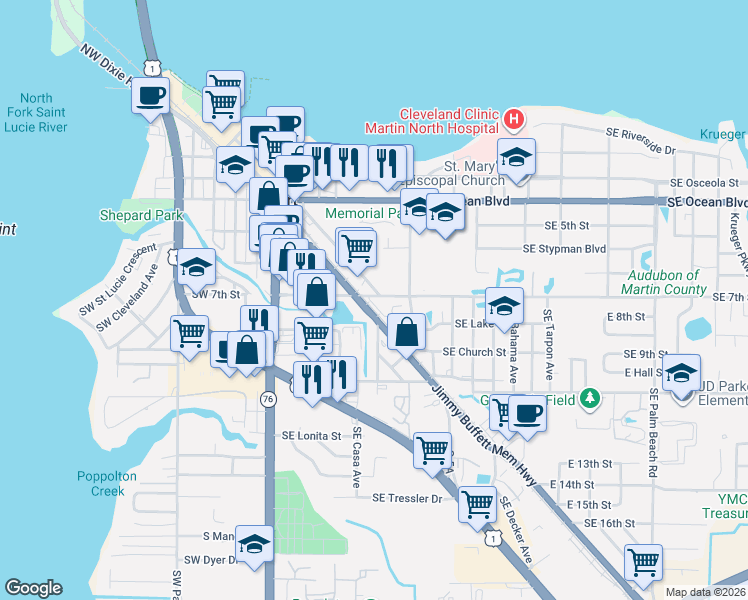 map of restaurants, bars, coffee shops, grocery stores, and more near 304 Southeast Martin Luther King Junior Boulevard in Stuart