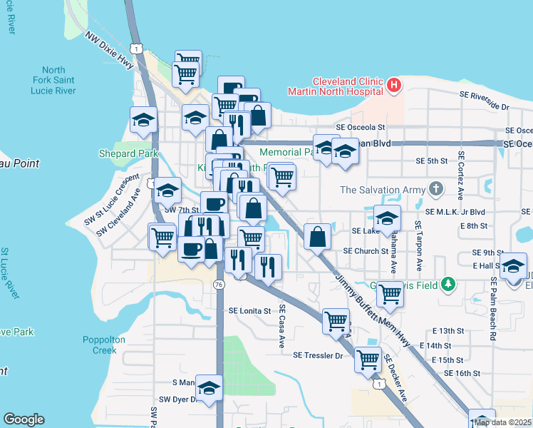 map of restaurants, bars, coffee shops, grocery stores, and more near 130 Southeast Martin Luther King Junior Boulevard in Stuart