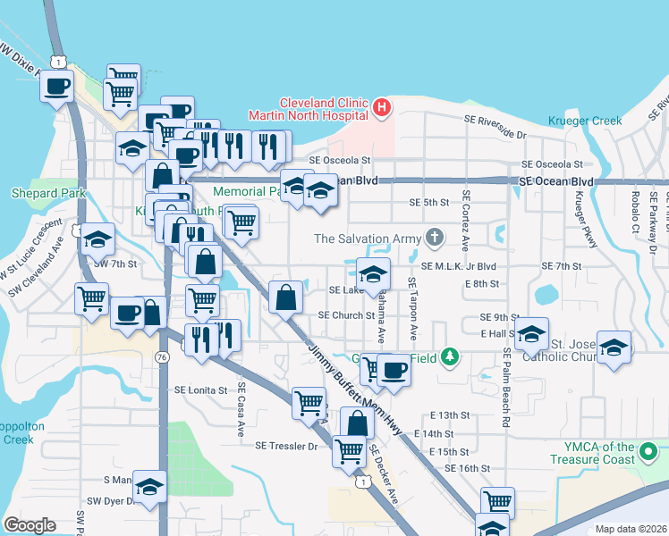 map of restaurants, bars, coffee shops, grocery stores, and more near 510 Southeast Martin Luther King Junior Boulevard in Stuart