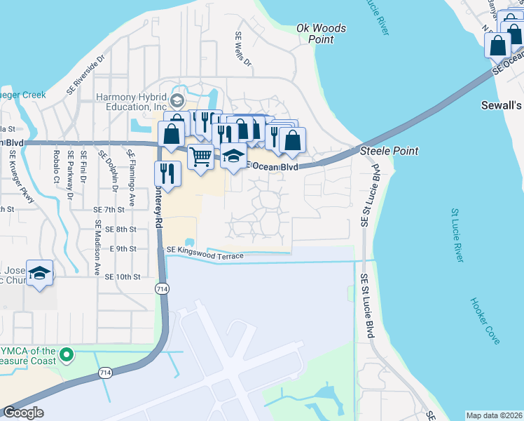 map of restaurants, bars, coffee shops, grocery stores, and more near 2600 Southeast Ocean Boulevard in Stuart