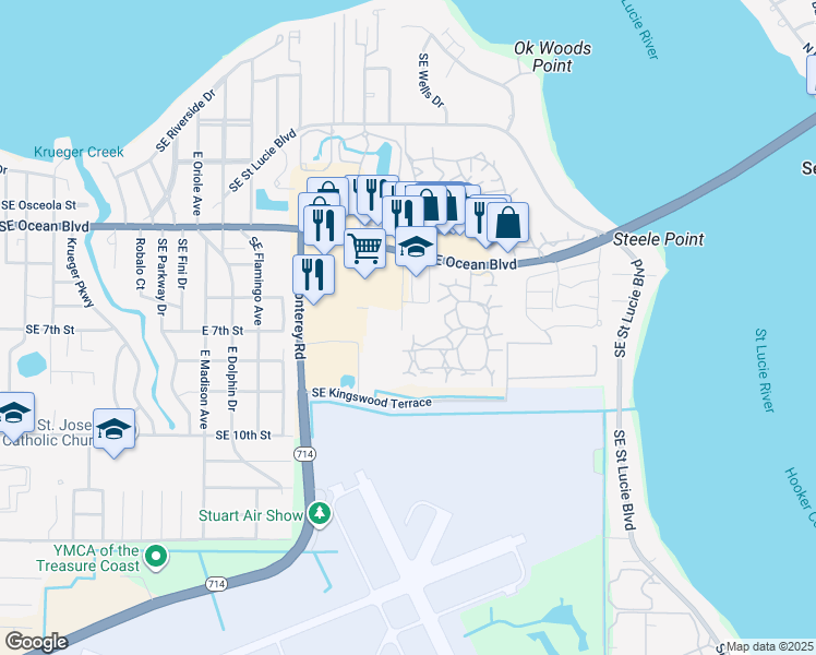 map of restaurants, bars, coffee shops, grocery stores, and more near 2400 Southeast Ocean Boulevard in Stuart