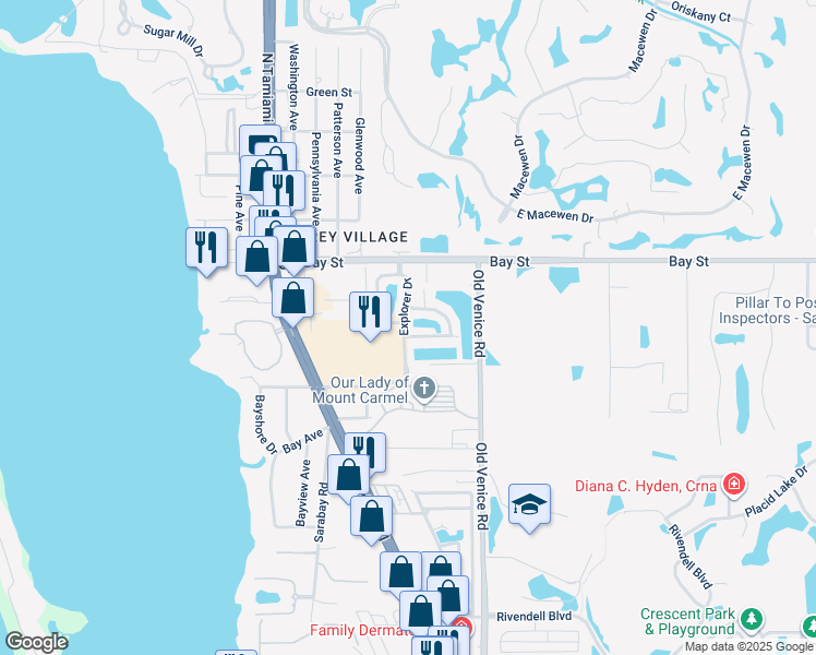 map of restaurants, bars, coffee shops, grocery stores, and more near 212 Explorer Drive in Osprey
