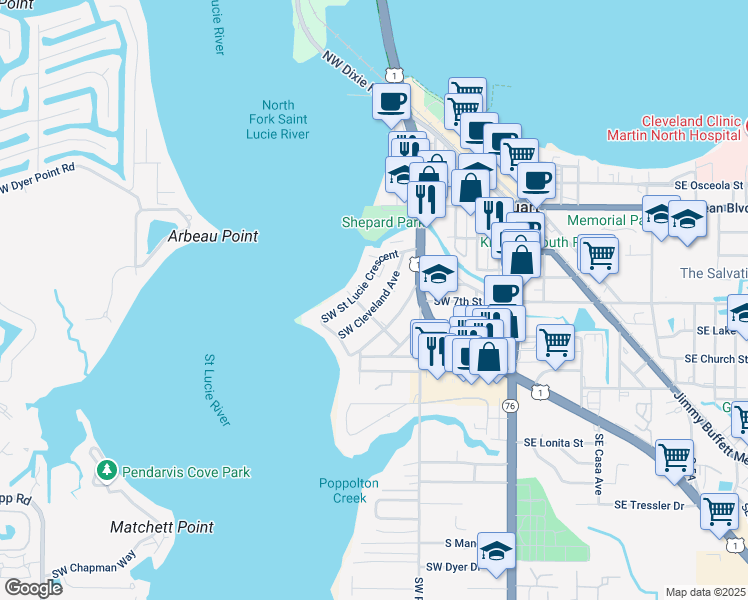 map of restaurants, bars, coffee shops, grocery stores, and more near 543 Southwest Riverdale Street in Stuart