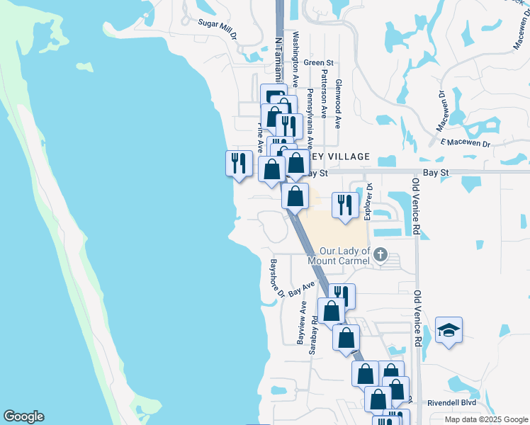 map of restaurants, bars, coffee shops, grocery stores, and more near 300 South Tamiami Trail in Osprey