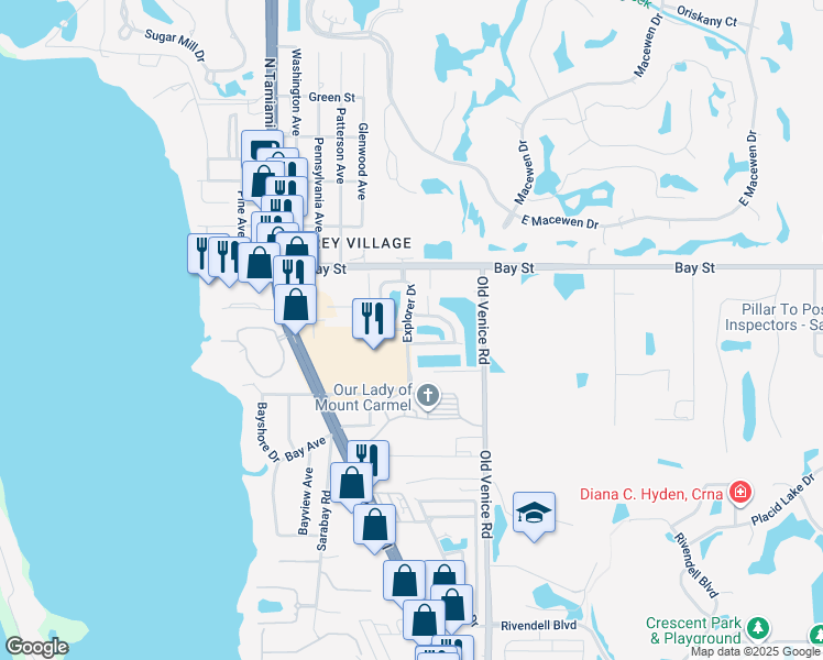 map of restaurants, bars, coffee shops, grocery stores, and more near 196 Explorer Drive in Osprey