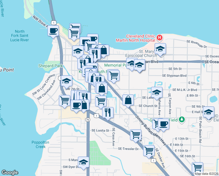 map of restaurants, bars, coffee shops, grocery stores, and more near 130 Southeast Martin Luther King Junior Boulevard in Stuart