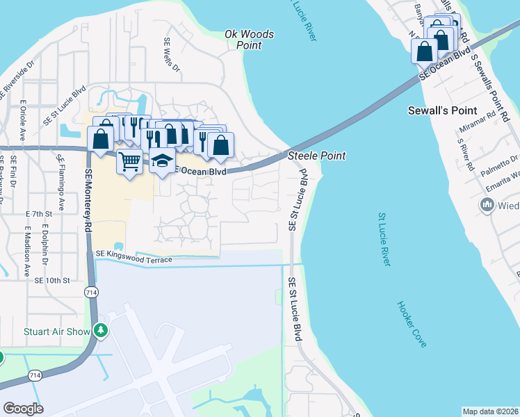 map of restaurants, bars, coffee shops, grocery stores, and more near 2950 Southeast Ocean Boulevard in Stuart