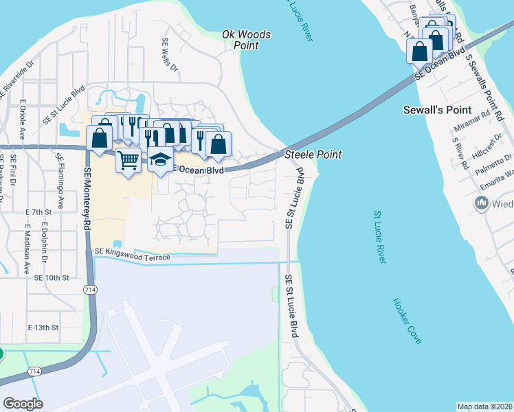 map of restaurants, bars, coffee shops, grocery stores, and more near 2950 Southeast Ocean Boulevard in Stuart