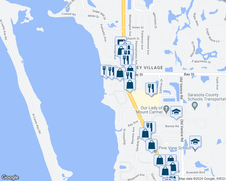 map of restaurants, bars, coffee shops, grocery stores, and more near 242 Hidden Bay Drive in Osprey