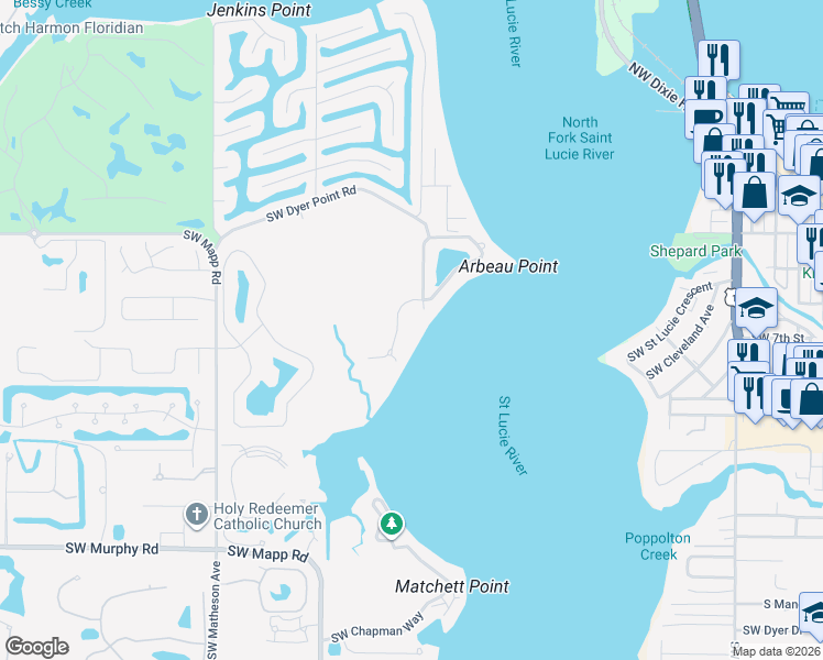 map of restaurants, bars, coffee shops, grocery stores, and more near 1274 Southwest Estates Place in Palm City