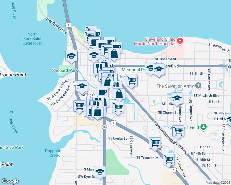 map of restaurants, bars, coffee shops, grocery stores, and more near 100 Southeast Martin Luther King Junior Boulevard in Stuart