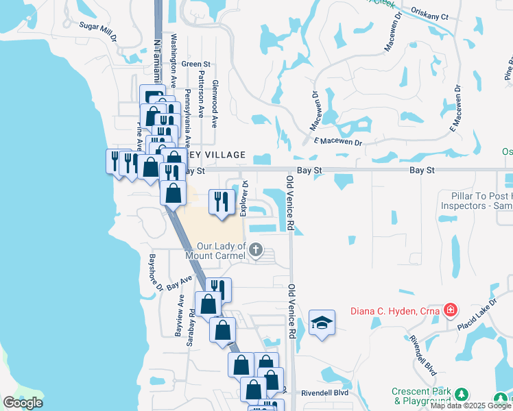 map of restaurants, bars, coffee shops, grocery stores, and more near 4244 Expedition Way in Osprey