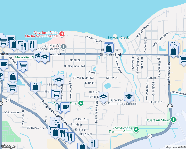 map of restaurants, bars, coffee shops, grocery stores, and more near 941 Southeast 6th Street in Stuart