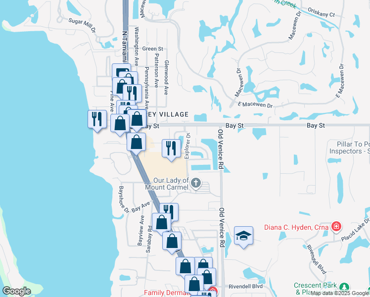 map of restaurants, bars, coffee shops, grocery stores, and more near 163 Explorer Drive in Osprey