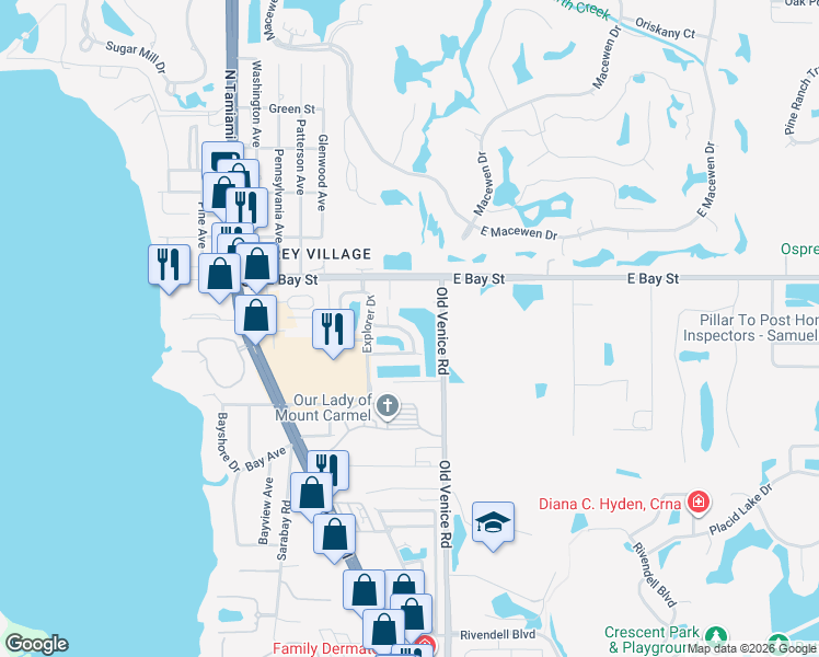 map of restaurants, bars, coffee shops, grocery stores, and more near 4244 Expedition Way in Osprey