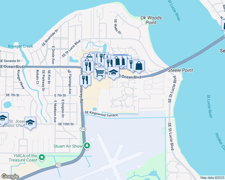 map of restaurants, bars, coffee shops, grocery stores, and more near 2440 Southeast Ocean Boulevard in Stuart