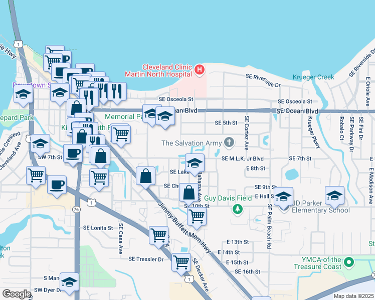 map of restaurants, bars, coffee shops, grocery stores, and more near 605 Southeast High School Avenue in Stuart