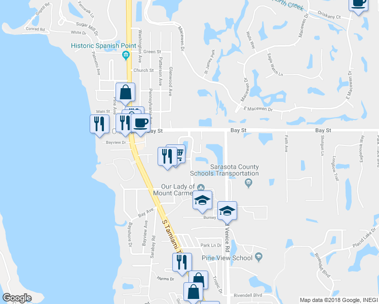map of restaurants, bars, coffee shops, grocery stores, and more near 151 Explorer Drive in Osprey