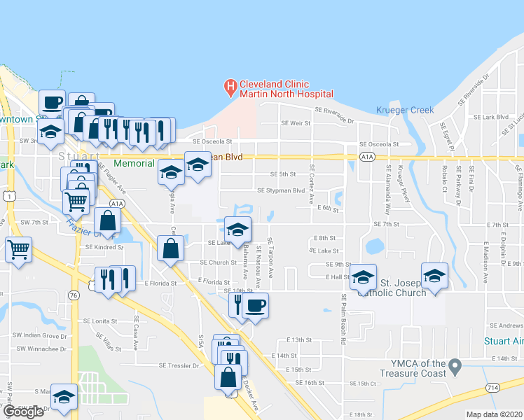 map of restaurants, bars, coffee shops, grocery stores, and more near 712 Southeast Stypmann Boulevard in Stuart