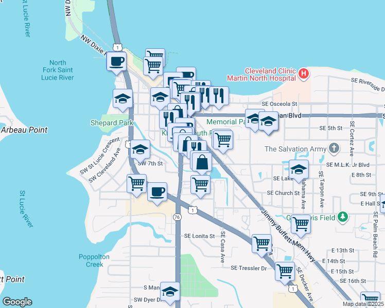 map of restaurants, bars, coffee shops, grocery stores, and more near 33 Southwest 6th Street in Stuart