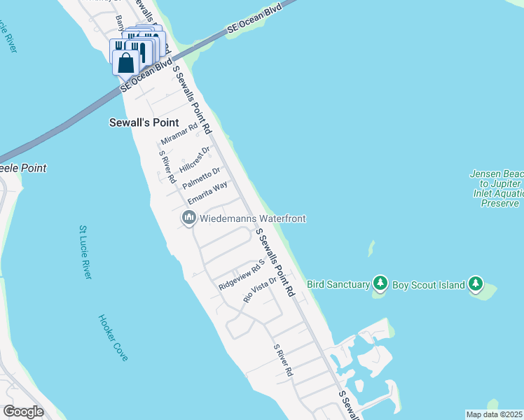 map of restaurants, bars, coffee shops, grocery stores, and more near 62 South Sewalls Point Road in Stuart