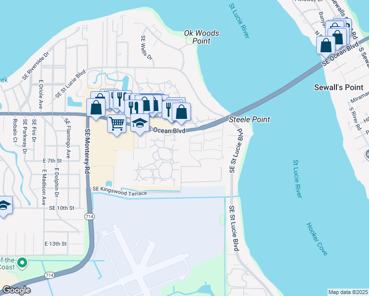map of restaurants, bars, coffee shops, grocery stores, and more near 2750 Southeast Ocean Boulevard in Stuart