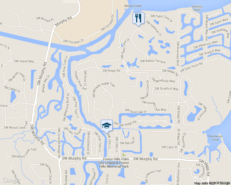 map of restaurants, bars, coffee shops, grocery stores, and more near 2435 Southwest Hawks Gate Terrace in Palm City