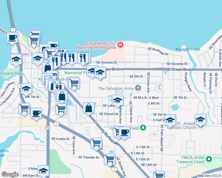 map of restaurants, bars, coffee shops, grocery stores, and more near 605 Southeast High School Avenue in Stuart