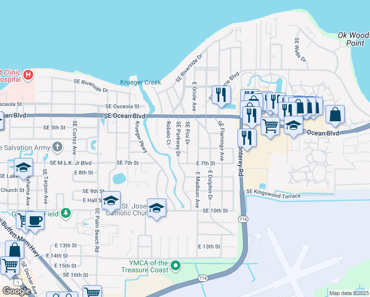 map of restaurants, bars, coffee shops, grocery stores, and more near 444 Southeast Fini Drive in Stuart