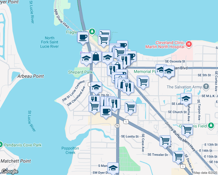 map of restaurants, bars, coffee shops, grocery stores, and more near 120 Southwest 6th Street in Stuart