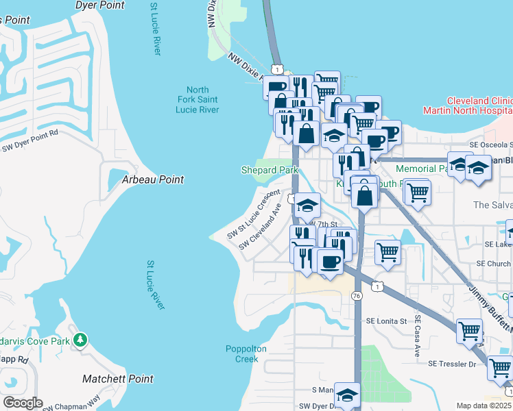 map of restaurants, bars, coffee shops, grocery stores, and more near 624 Southwest Saint Lucie Crescent in Stuart