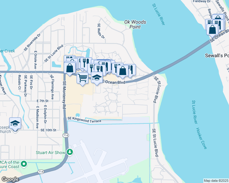 map of restaurants, bars, coffee shops, grocery stores, and more near 2600 Southeast Ocean Boulevard in Stuart
