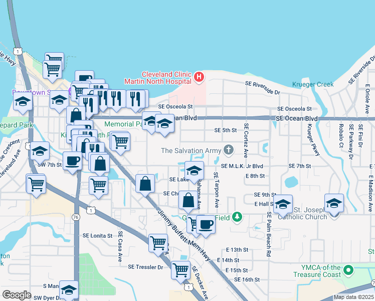 map of restaurants, bars, coffee shops, grocery stores, and more near 605 Southeast High School Avenue in Stuart