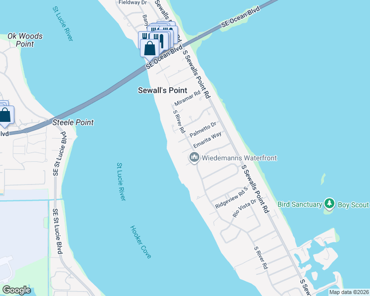 map of restaurants, bars, coffee shops, grocery stores, and more near 24 Emarita Way in Sewall's Point