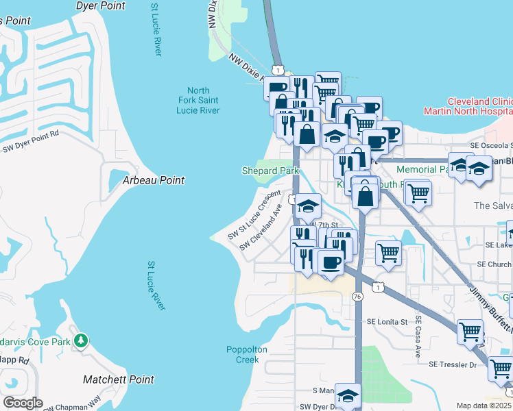 map of restaurants, bars, coffee shops, grocery stores, and more near 615 Northeast Saint Lucie Boulevard in Jensen Beach