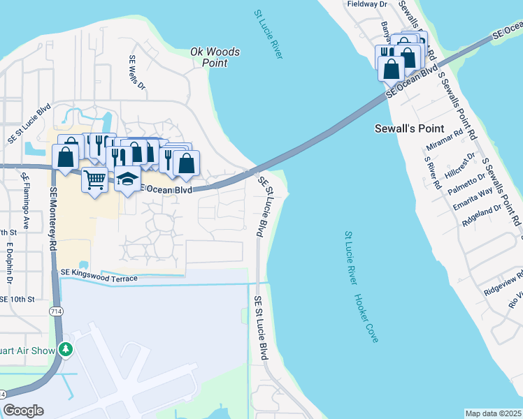 map of restaurants, bars, coffee shops, grocery stores, and more near 3057 Southeast Waveland Place in Stuart