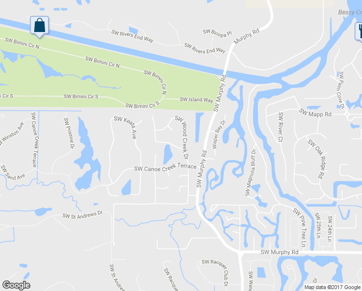 map of restaurants, bars, coffee shops, grocery stores, and more near 3395 Southwest Canoe Place in Palm City