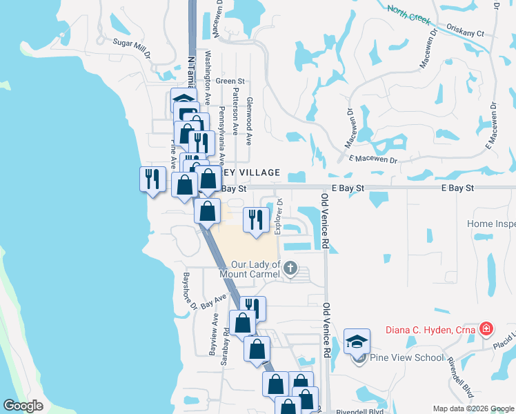 map of restaurants, bars, coffee shops, grocery stores, and more near in Osprey