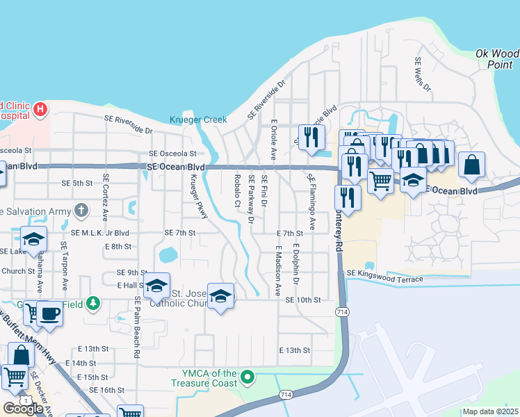 map of restaurants, bars, coffee shops, grocery stores, and more near 444 Southeast Fini Drive in Stuart