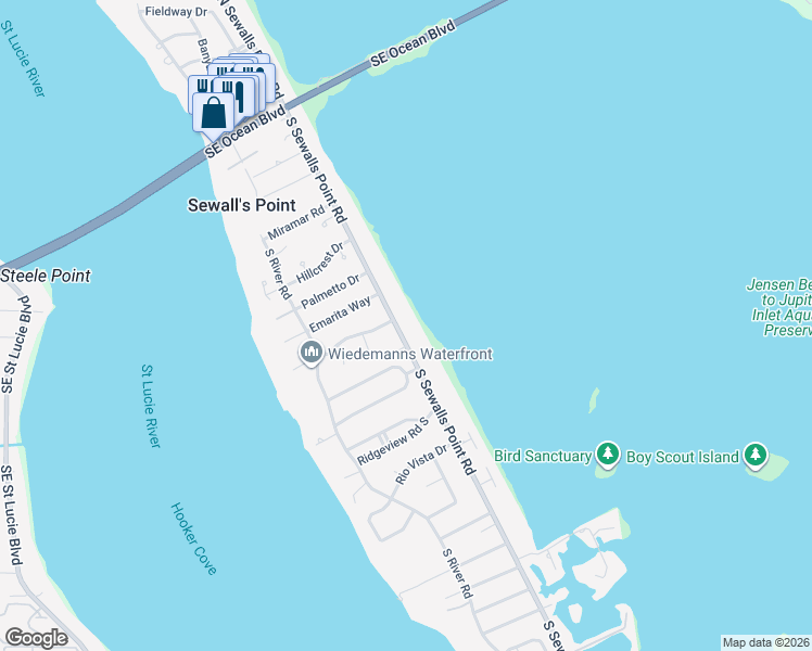 map of restaurants, bars, coffee shops, grocery stores, and more near 54 South Sewalls Point Road in Sewall's Point
