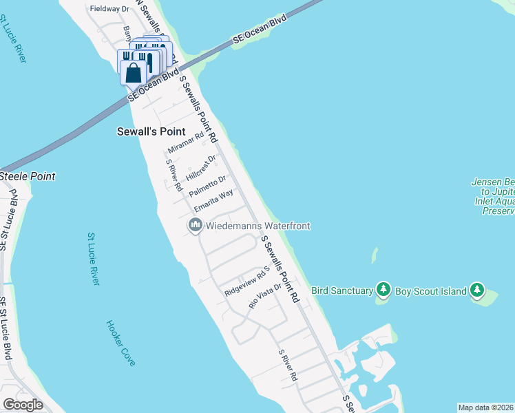 map of restaurants, bars, coffee shops, grocery stores, and more near 54 South Sewalls Point Road in Sewall's Point