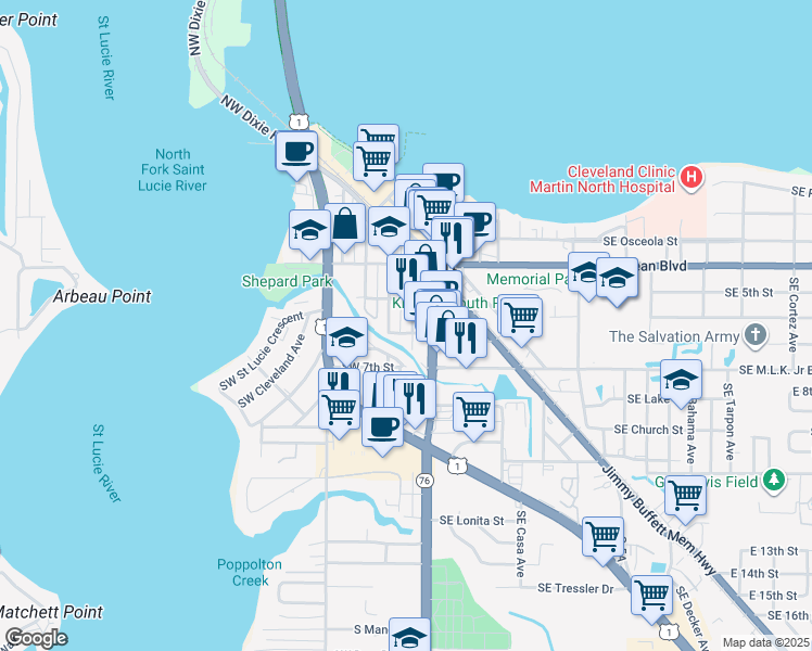 map of restaurants, bars, coffee shops, grocery stores, and more near 120 Southwest 6th Street in Stuart