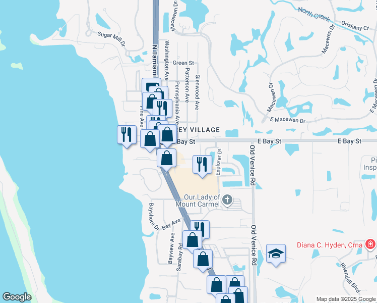 map of restaurants, bars, coffee shops, grocery stores, and more near 174 East Bay Street in Osprey